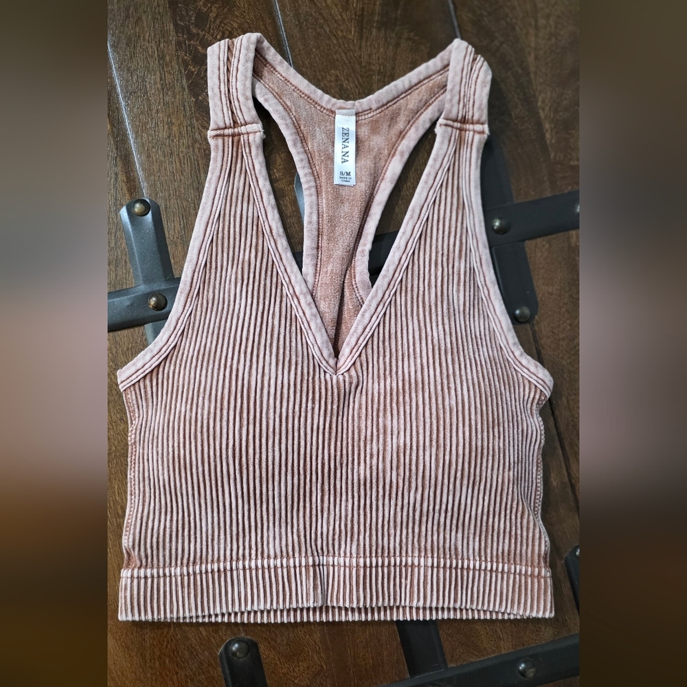 Zenana Outfitters Acid Washed Ribbed V-Neck Crop Top - Tan